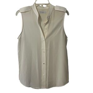 Equipment Femme Mandarin Collar Button Front Top Blouse White Small Sleeveless